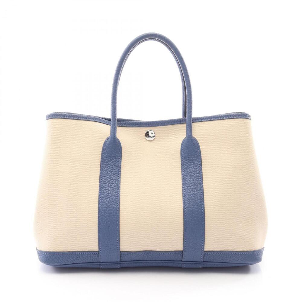 Hermes Garden Party TPM Cle Blue Brighton Tote Bag Handbag Toile Chevron Vach...